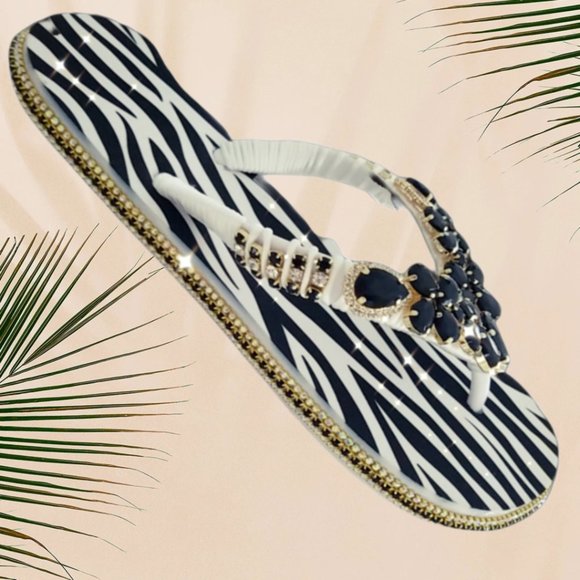 Women's Luxury zebra print flip flops with crystals and rhinestones all occasion - Picture 15 of 16
